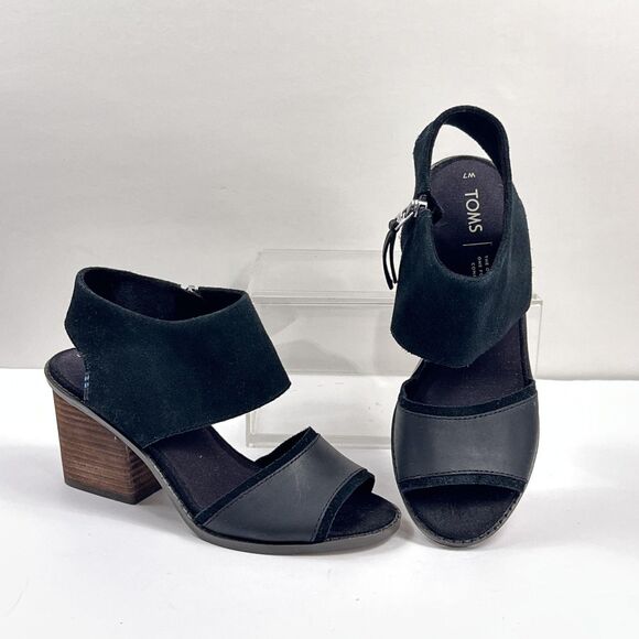 TOMS Shoes Womens Size 7 Black Block Heel Sandals Suede Leather Open Toe Zip - Picture 1 of 13